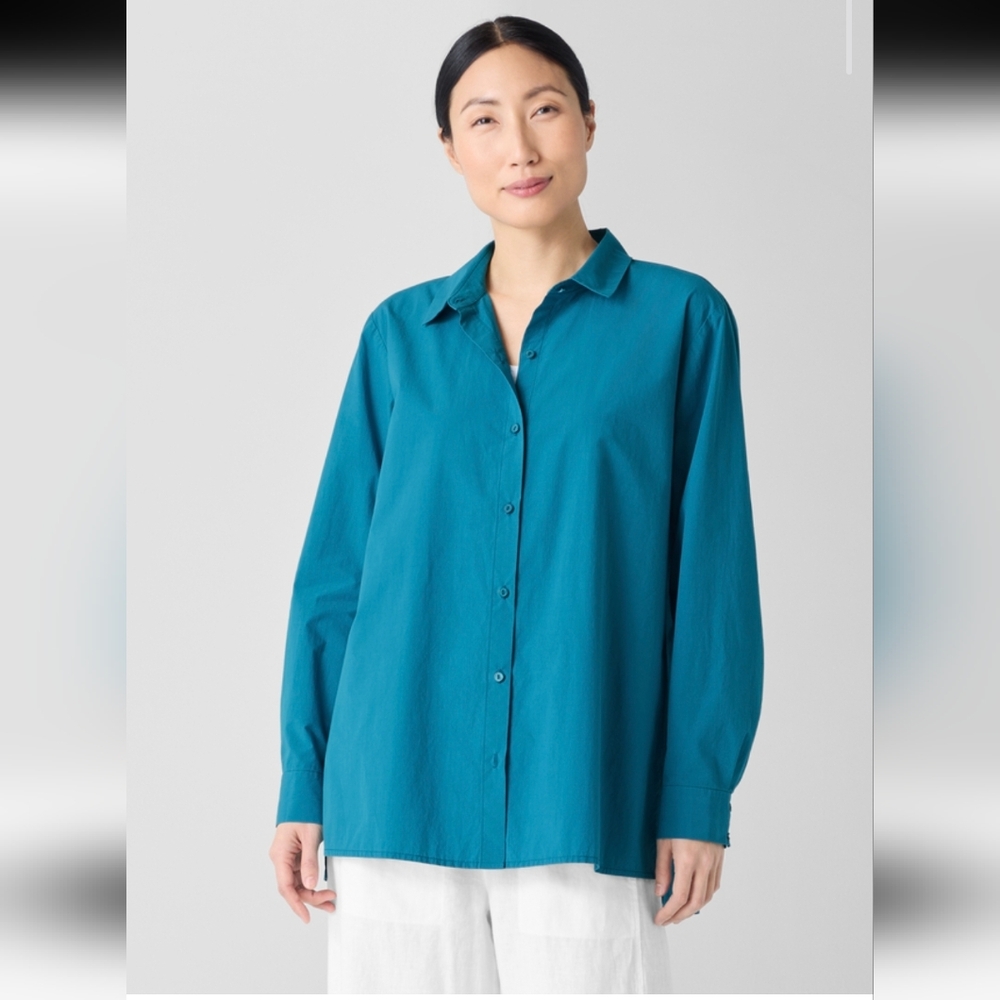 NWT Eileen Fisher Washed Organic Cotton Poplin Classic Collar Shirt, Size XL